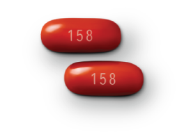 Two round red 158 mg BID JATENZO® softgel capsules, 316 mg BID treatment